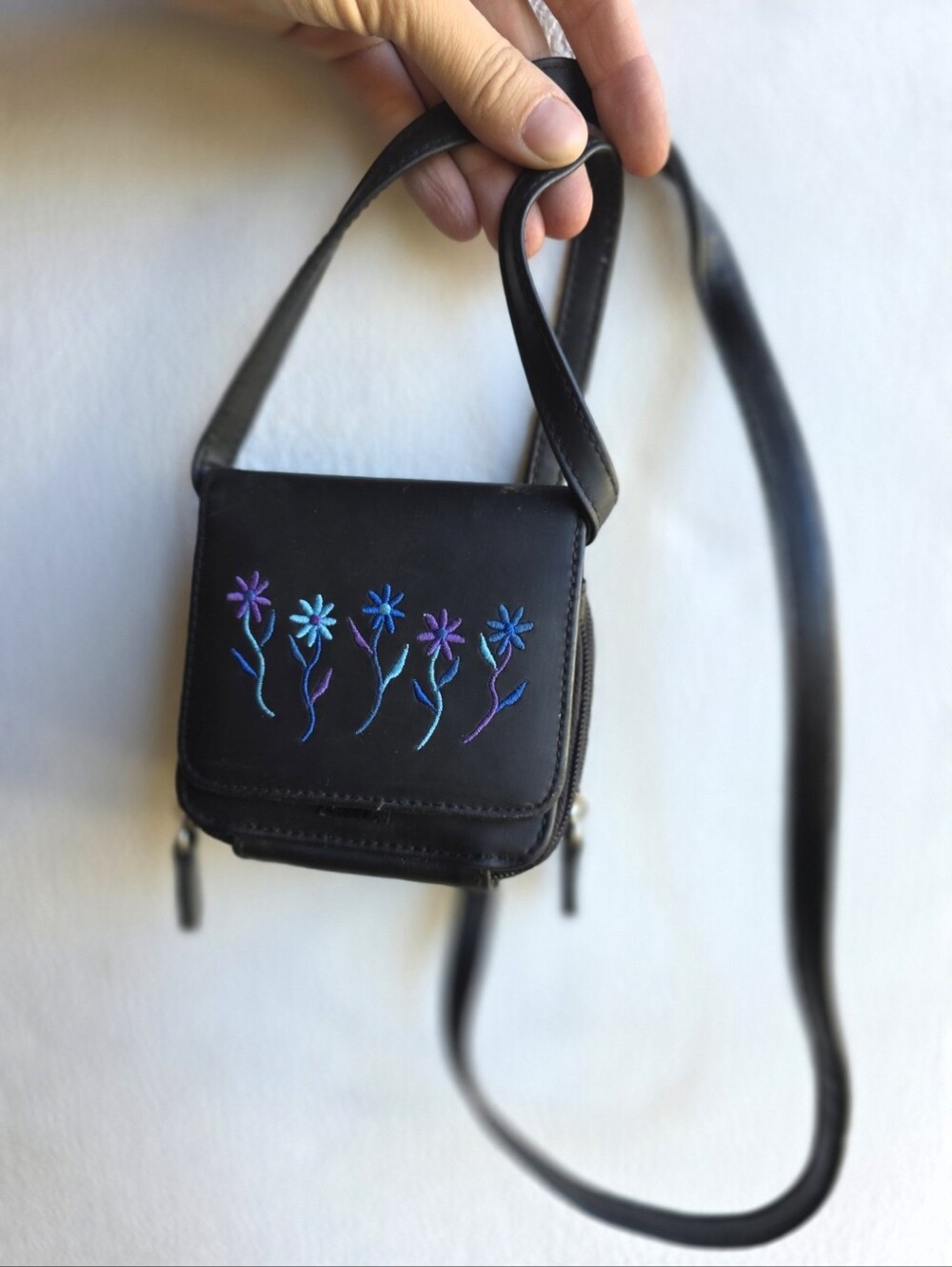 Vintage Y2K Micro Wallet Belt Bag Black Crossbody Blue Purple Floral Embroidery